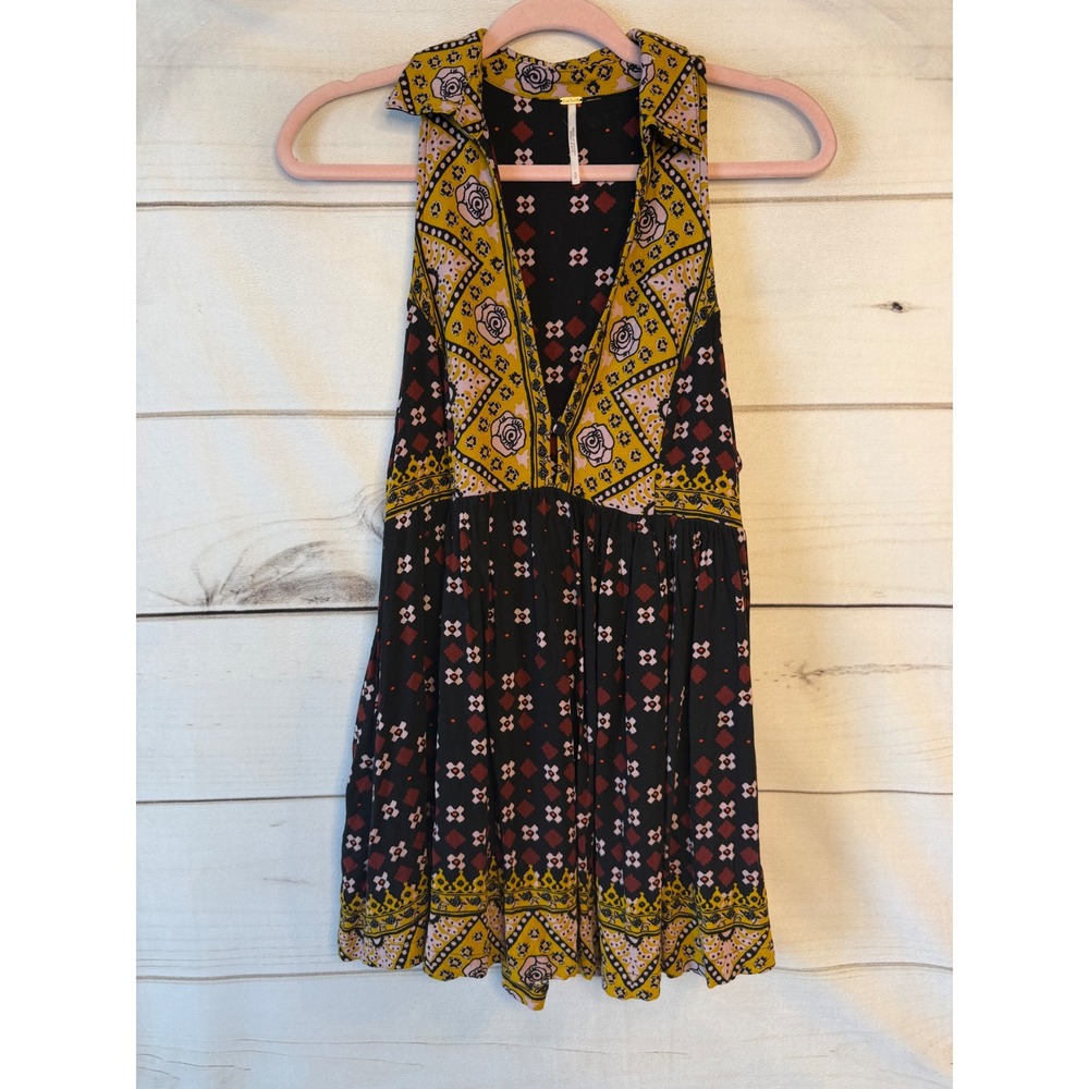Free People Mixed Floral Boho Sleeveless Tunic Top Mustard Black Small